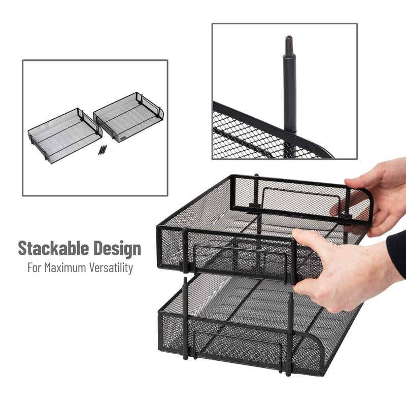 Mind Reader Stackable Paper Tray, Desktop Organizer, File Storage, Office, Metal Mesh, 13.5" L x 10" W x 7.25" H, 2 Pcs., Black - Image 4